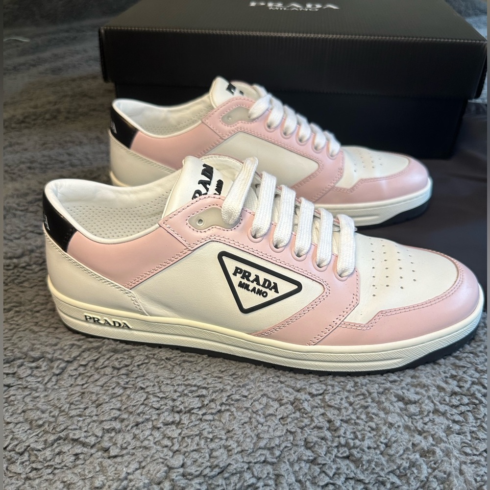 Pre-loved! Prada light pink and white leather sneakers, size EU40/US10